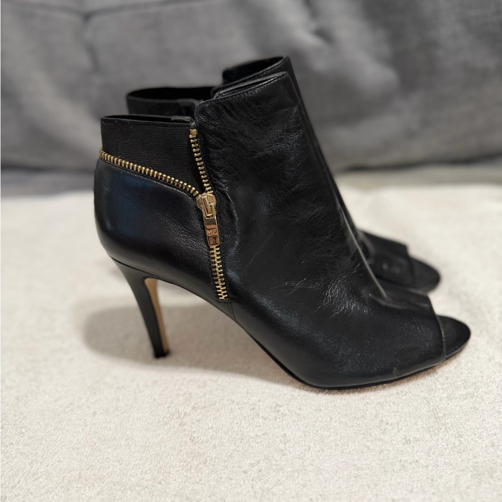 Marc Fisher Black Leather Peep-Toe Ankle Booties with Gold Zipper
